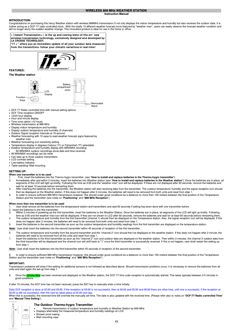 Page 1 de la notice Manuel utilisateur Techno Line WS 9720