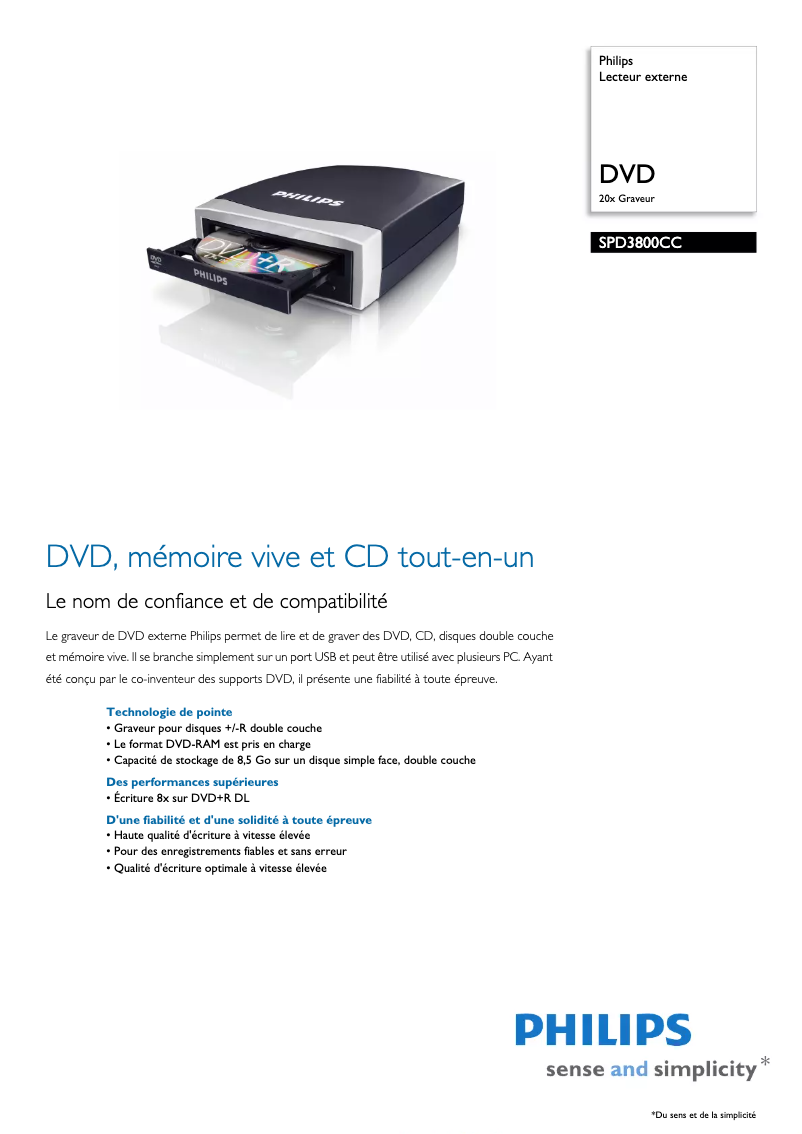 Page 1 de la notice Fiche technique Philips SPD3800CC