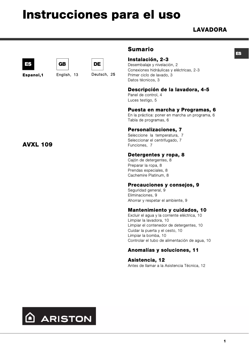 Page n°1 - Manuel utilisateur Ariston Thermo AVXL109