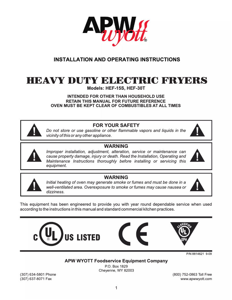 Page 1 de la notice Manuel utilisateur APW Wyott HEF-30T