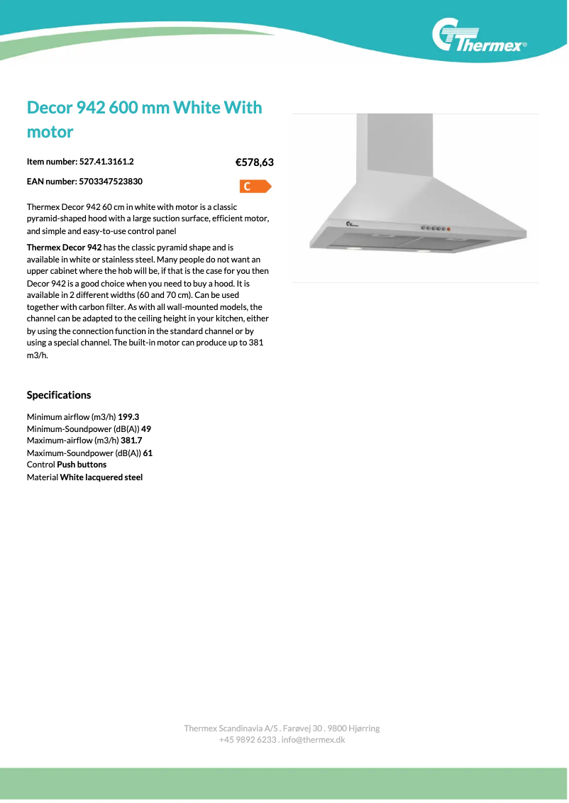 Page 1 de la notice Fiche technique Thermex Decor 942