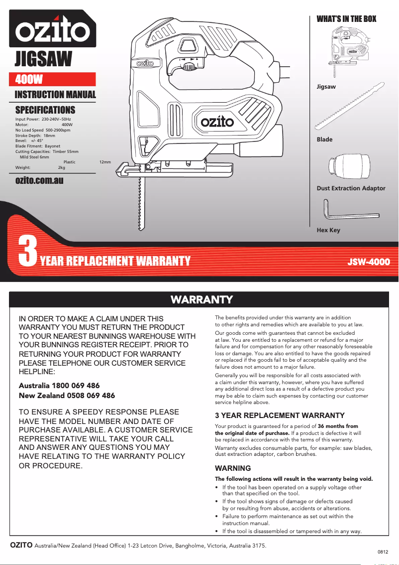 Page 1 de la notice Manuel utilisateur Ozito JSW-4000