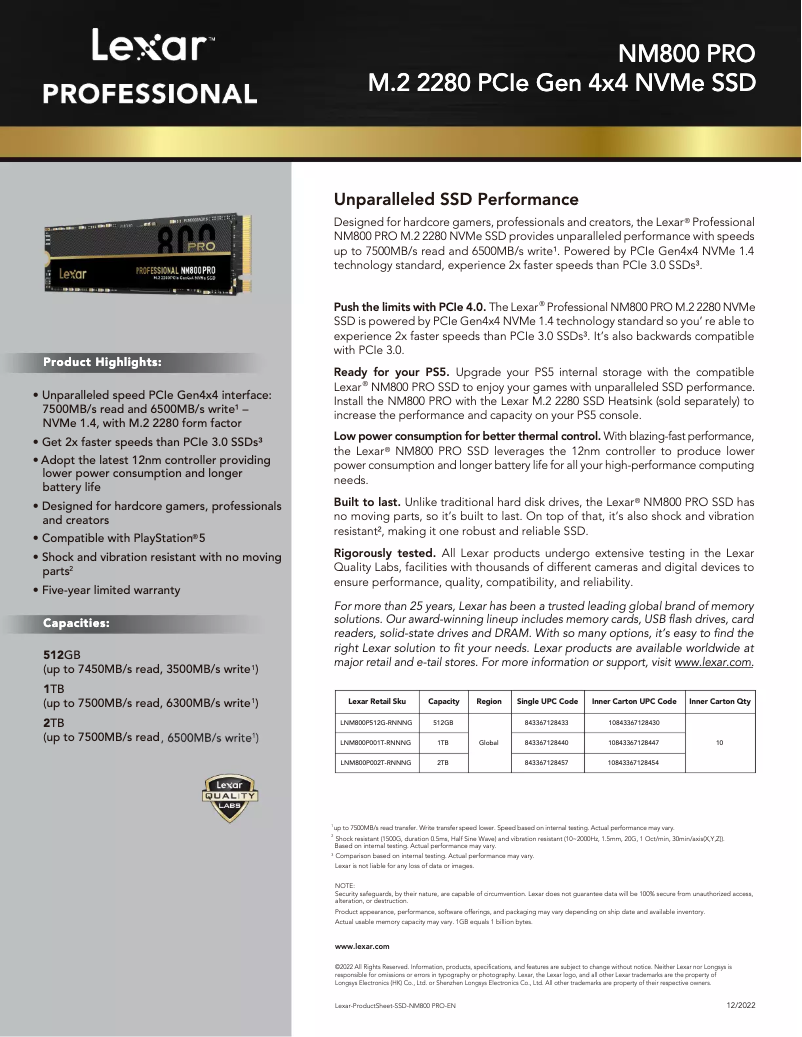 Page n°1 - Manuel utilisateur Lexar NM800 PRO