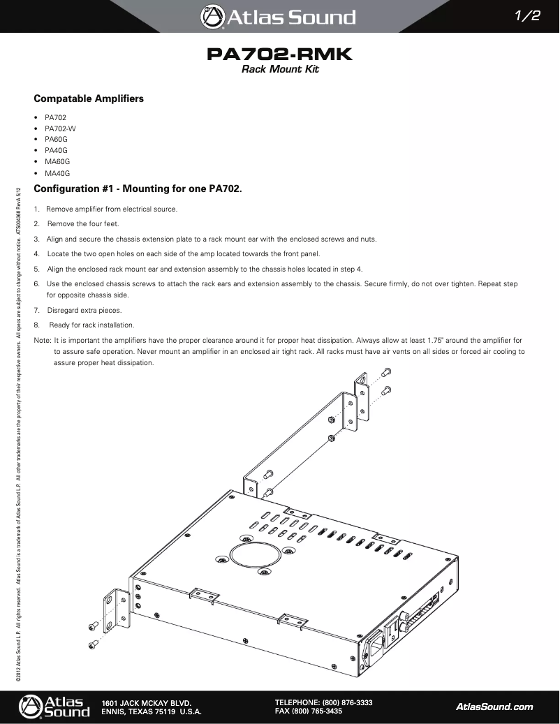 Page 1 de la notice Manuel utilisateur Atlas Sound PA702-RMK