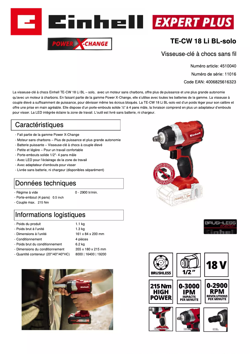 Page 1 de la notice Fiche technique Einhell TP-CW 18 Li Brushless-Solo