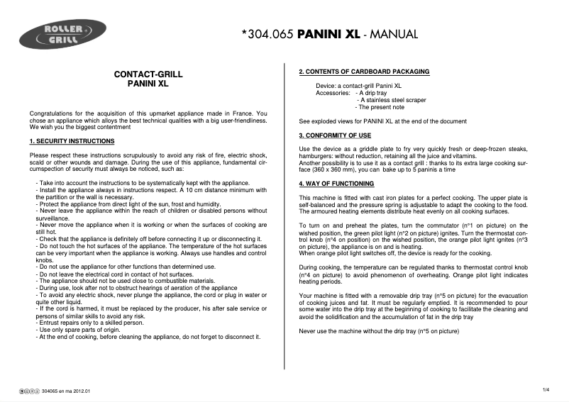 Page 1 de la notice Manuel utilisateur Roller Grill 304065