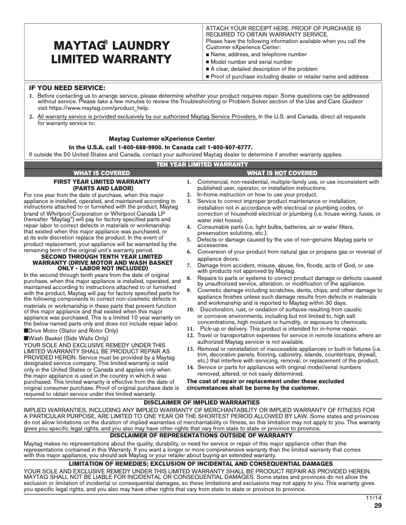 Page 1 de la notice Informations de garantie Maytag MHW6630HW