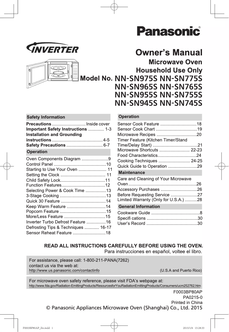 Page 1 de la notice Manuel utilisateur Panasonic Inverter NN-SN965S