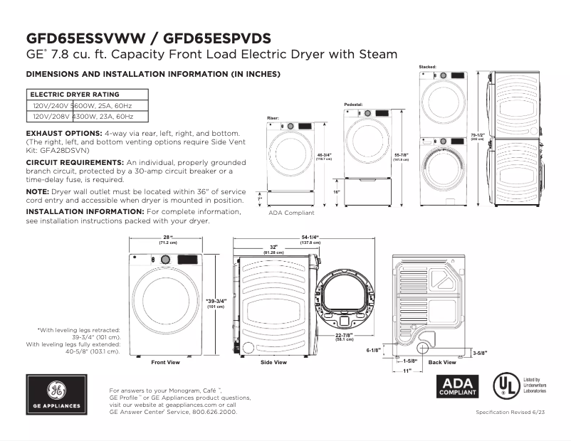 Page 1 de la notice Fiche technique GE GFD65ESSVWW