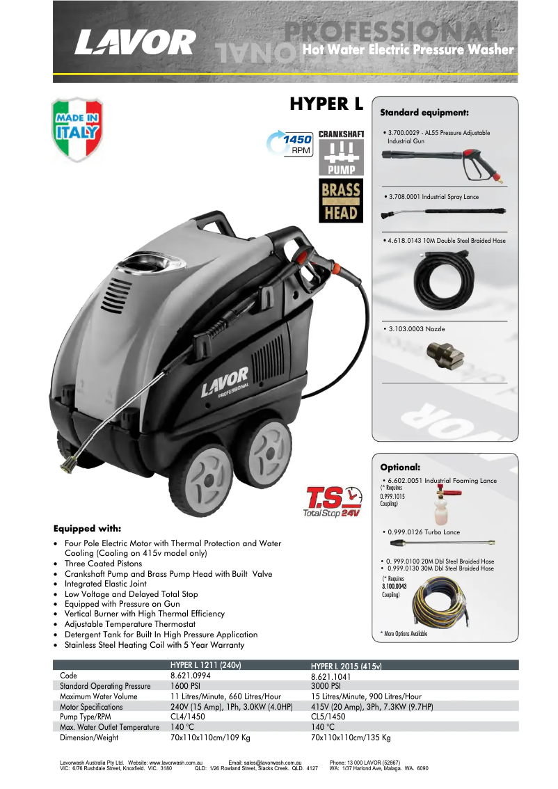 Page 1 de la notice Fiche technique Lavorwash Hyper L LP