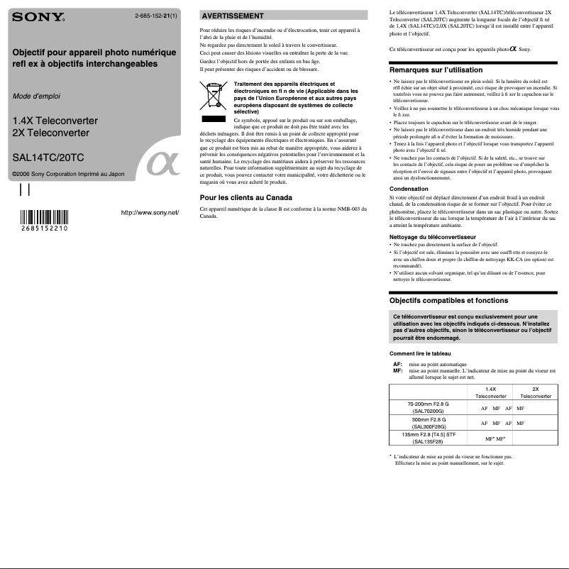 Page 1 de la notice Manuel utilisateur Sony SAL14TC