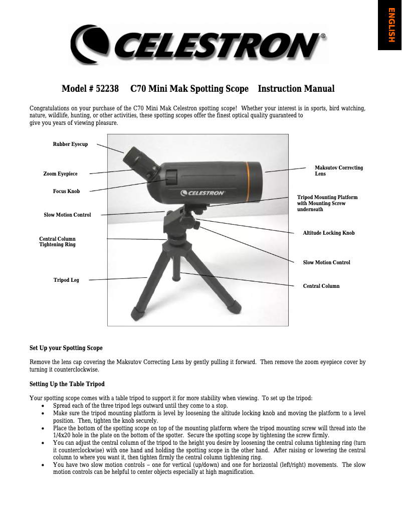 Page n°1 - Manuel utilisateur Celestron C70 Mini Mak