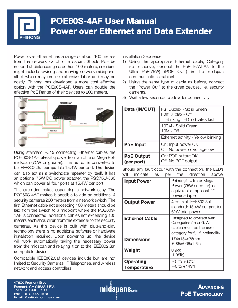 Page 1 de la notice Manuel utilisateur Phihong POE60S-4AF