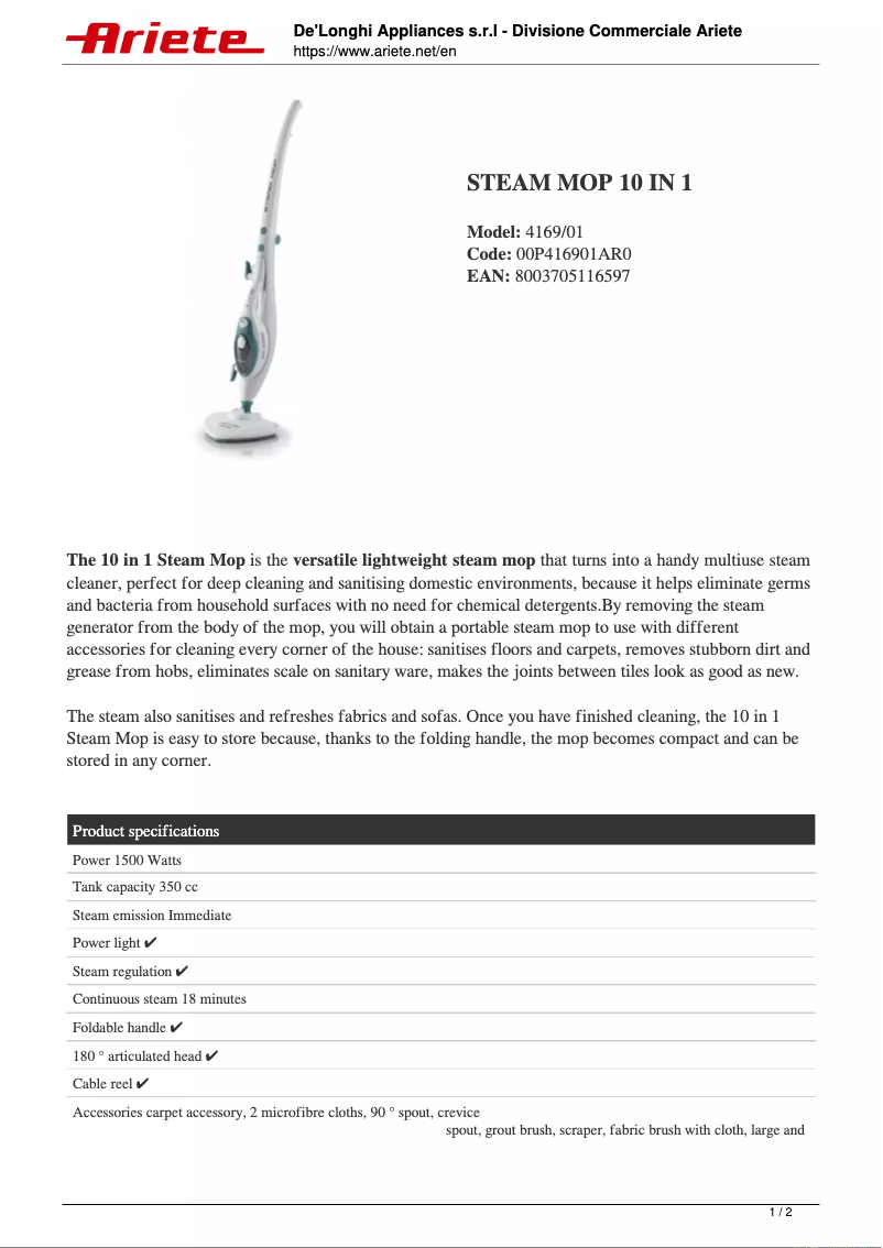 Image de la première page du manuel de l'appareil Steam Mop 10 in 1 4169