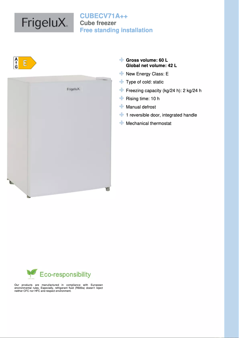 Page 1 de la notice Fiche technique FrigeluX CUBECV71A++