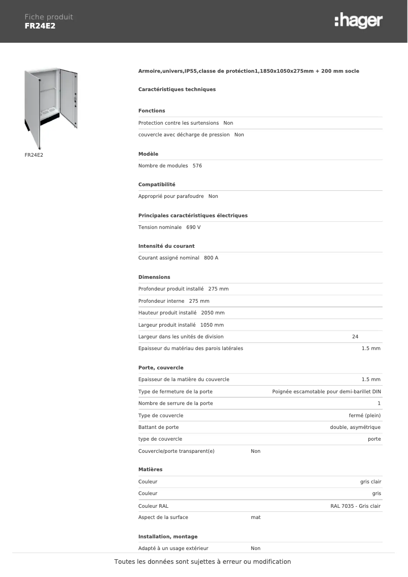 Page n°1 - Fiche technique Hager FR24E2