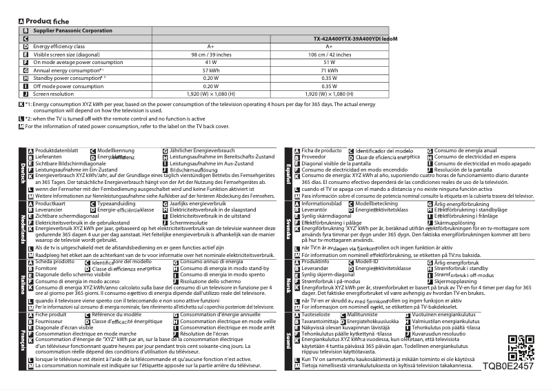 Page n°1 - Fiche technique Panasonic Viera TX-42A400E