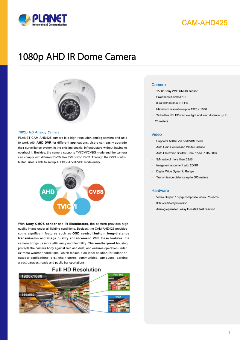 Page 1 de la notice Fiche technique Planet CAM-AHD425