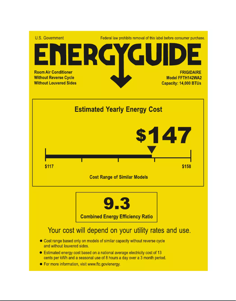 Página 1 del manual Etiqueta energética Frigidaire FFTH142WA2