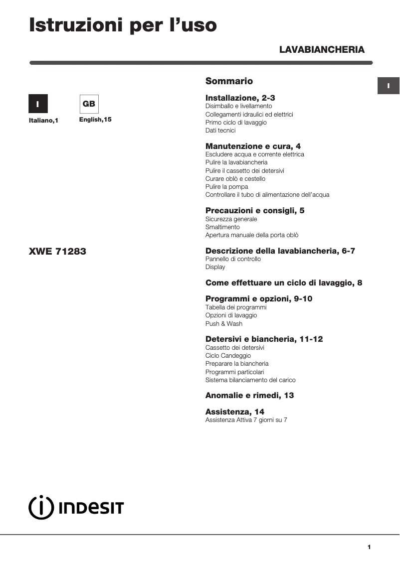Page n°1 - Manuel utilisateur Indesit XWE 71283