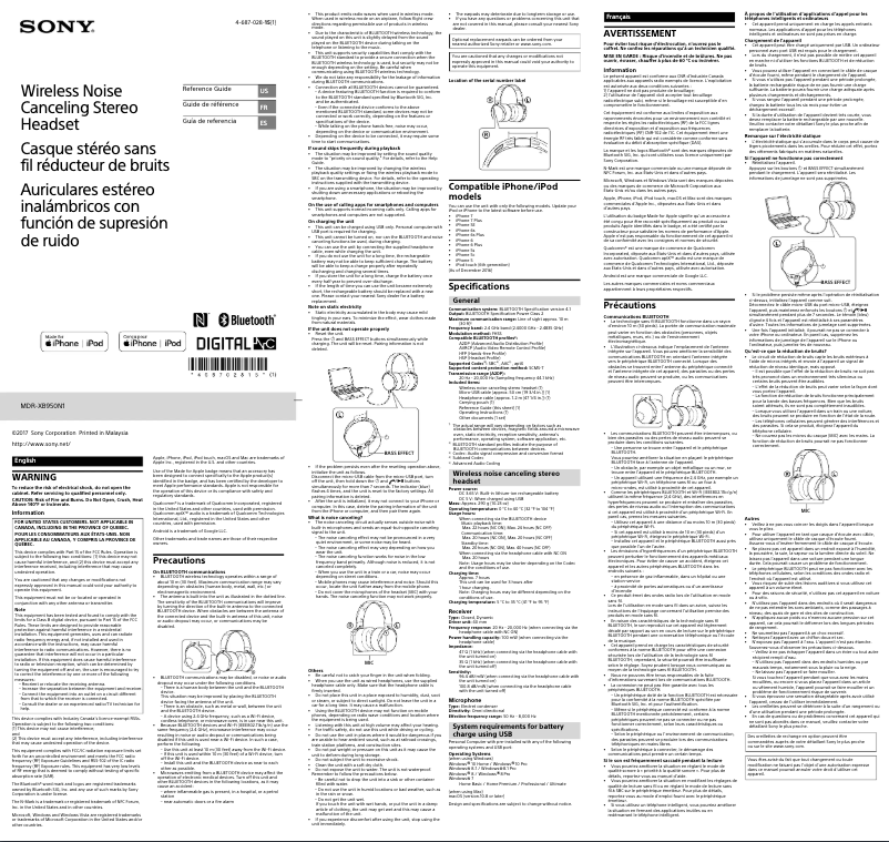 Page 1 de la notice Manuel utilisateur Sony MDR-XB950N1