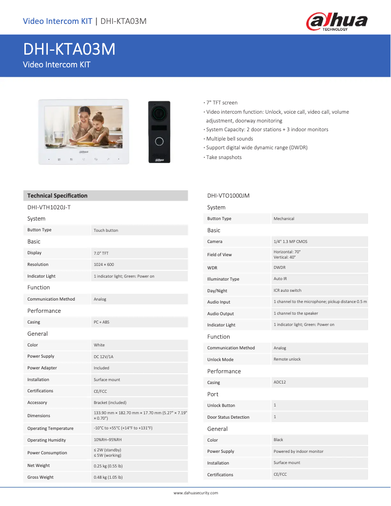 Page n°1 - Fiche technique Dahua Technology KTA03M