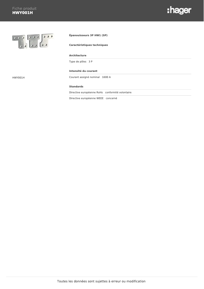 Page 1 de la notice Fiche technique Hager HWY001H
