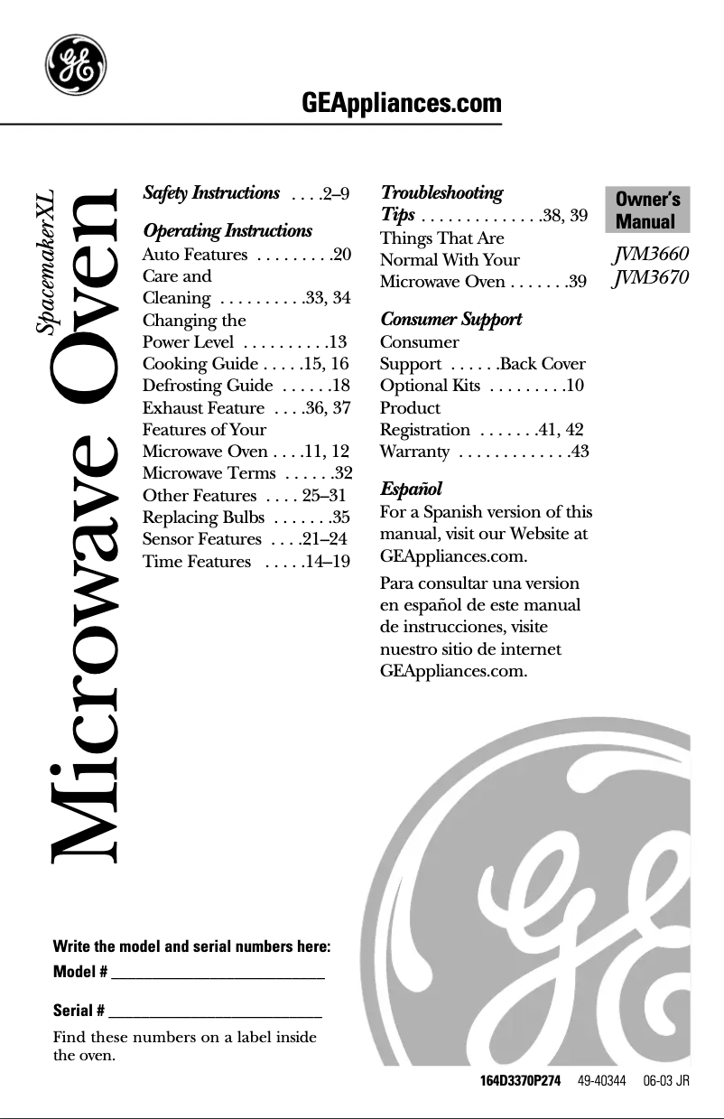 Page 1 de la notice Manuel d'utilisation et d'entretien GE Profile JVM3660SF