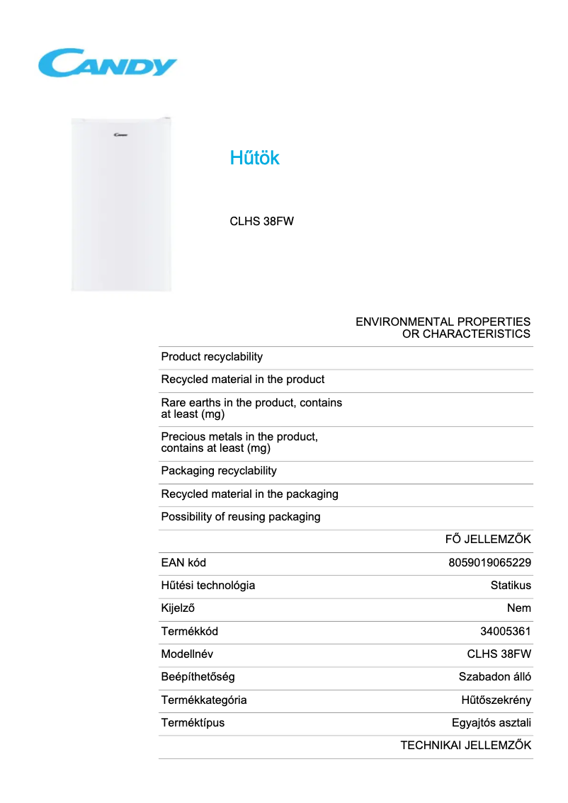 Page 1 de la notice Fiche technique Candy CLHS 38FW