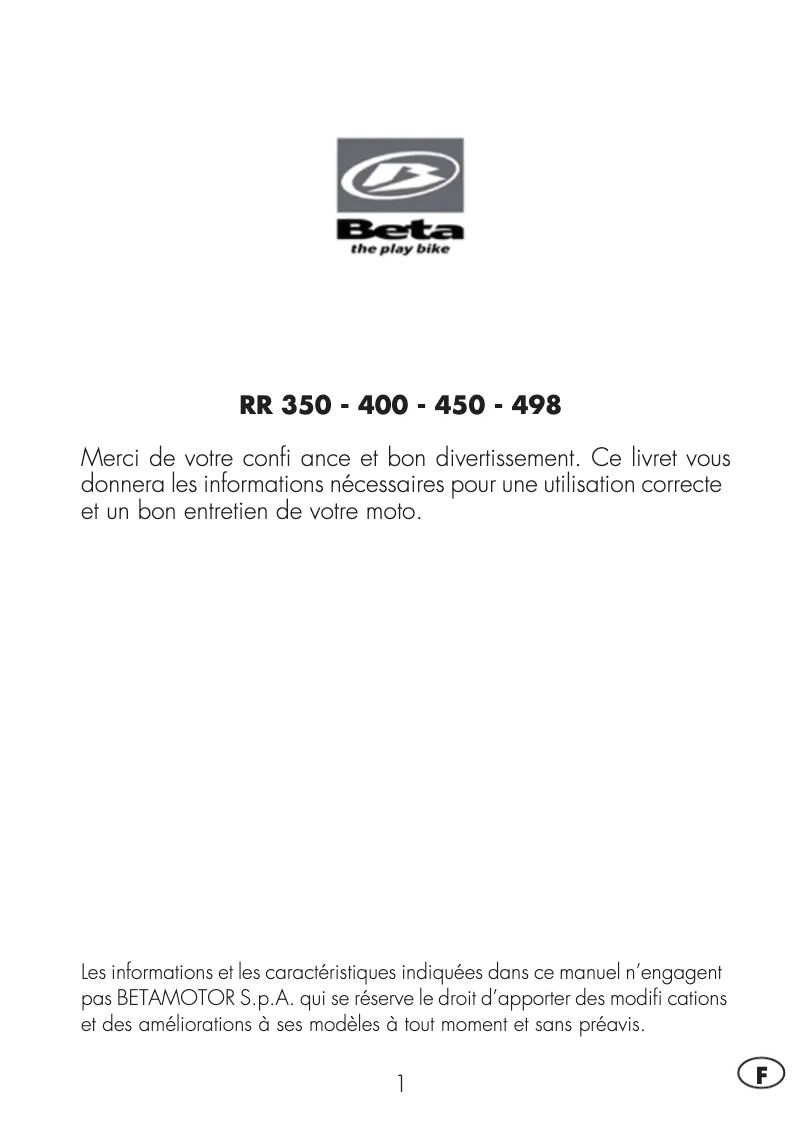 Page 1 de la notice Manuel utilisateur Beta RR 350 (2014)
