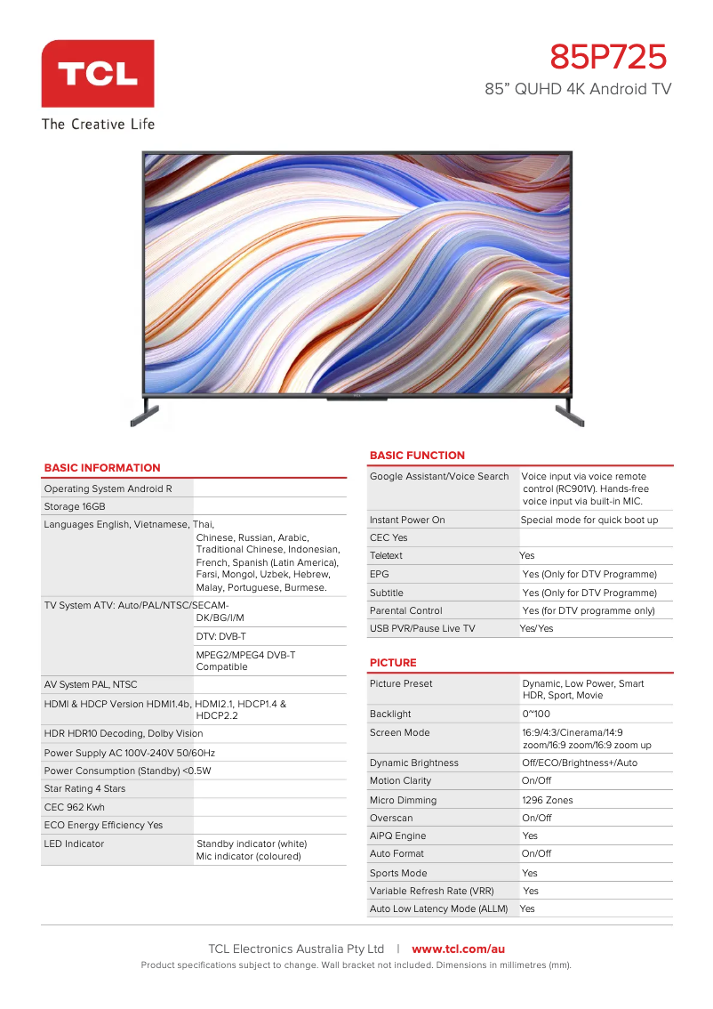 Page 1 de la notice Fiche technique TCL 85P725
