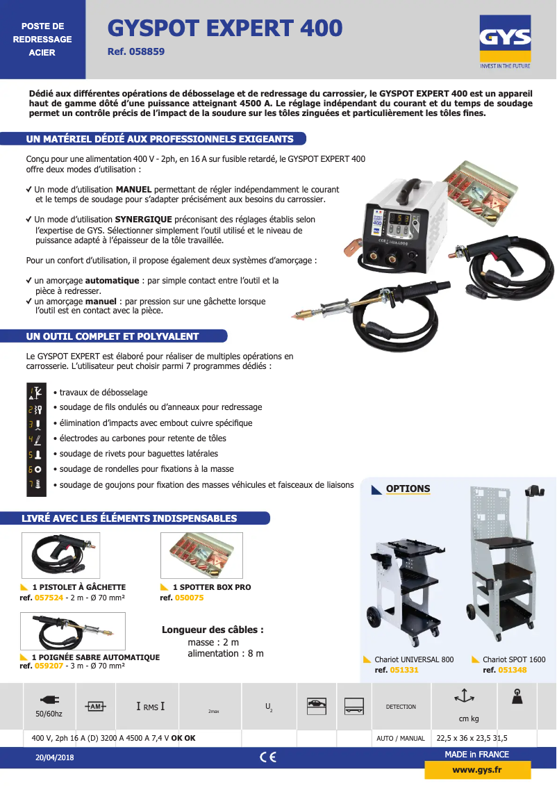 Page 1 de la notice Fiche technique GYS Gyspot Expert 400