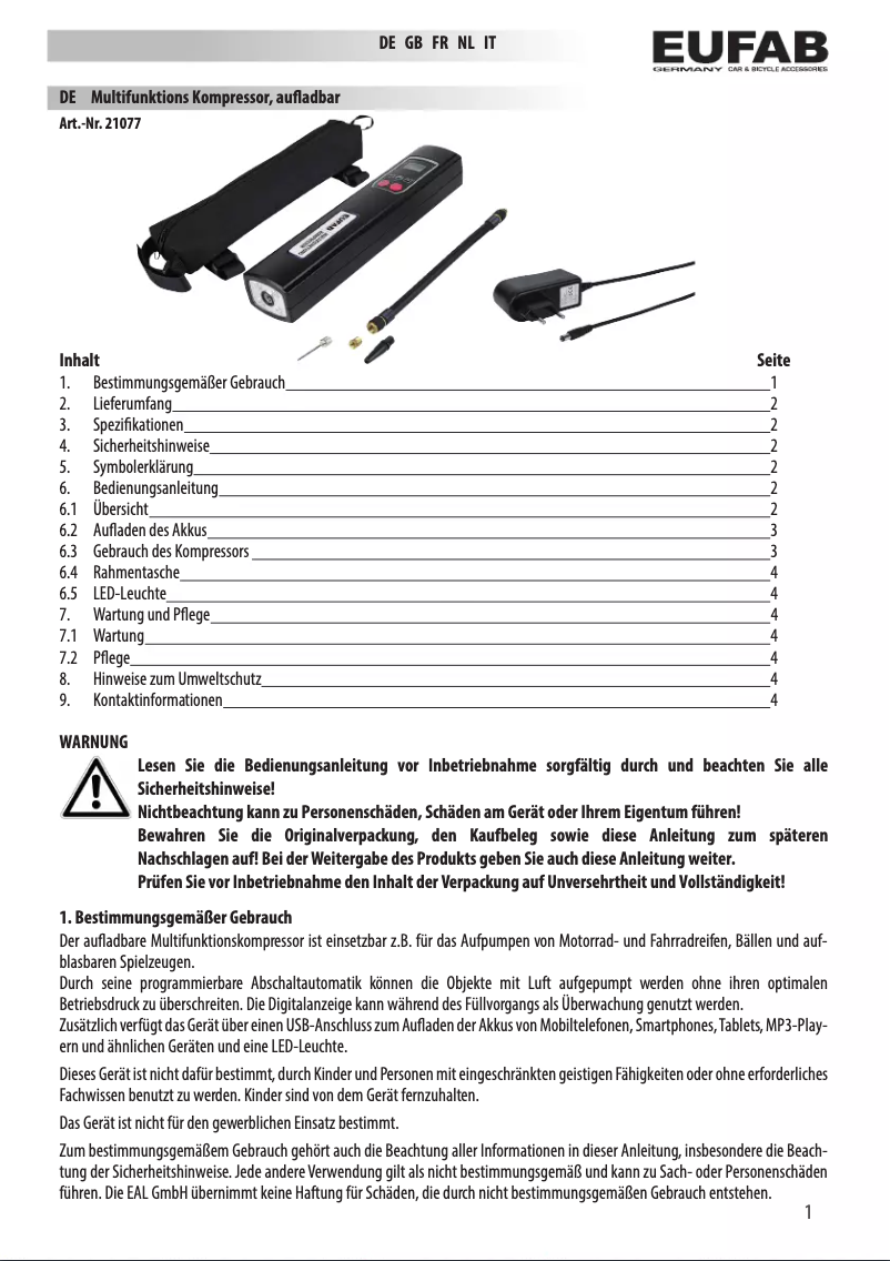 Page n°1 - Manuel utilisateur Eufab 21077