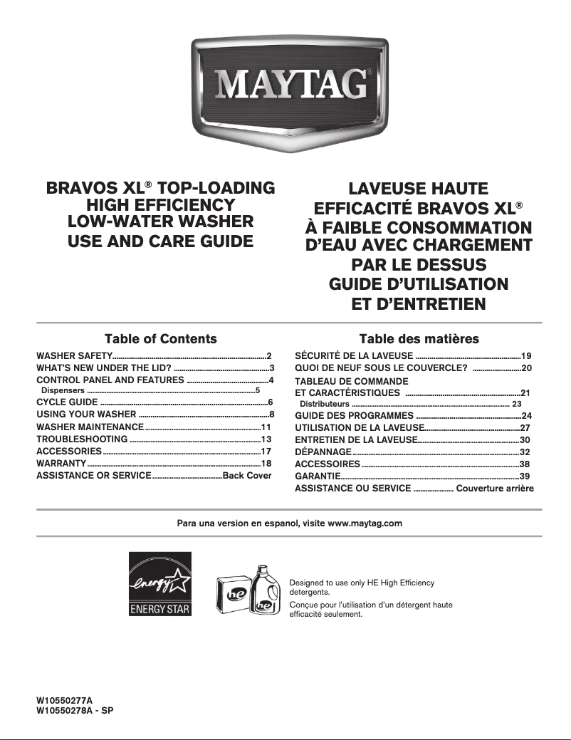 Page 1 de la notice Manuel utilisateur Maytag MVWB880BW Bravos XL