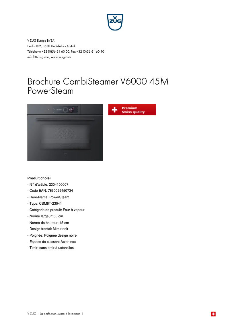 Page 1 de la notice Brochure V-Zug CombiSteamer V6000 45M PowerSteam