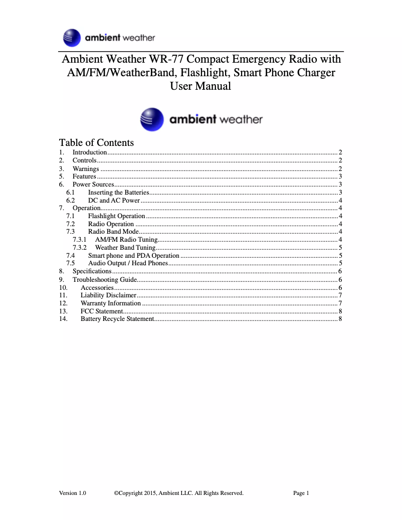 Page n°1 - Manuel utilisateur Ambient Weather WR-77