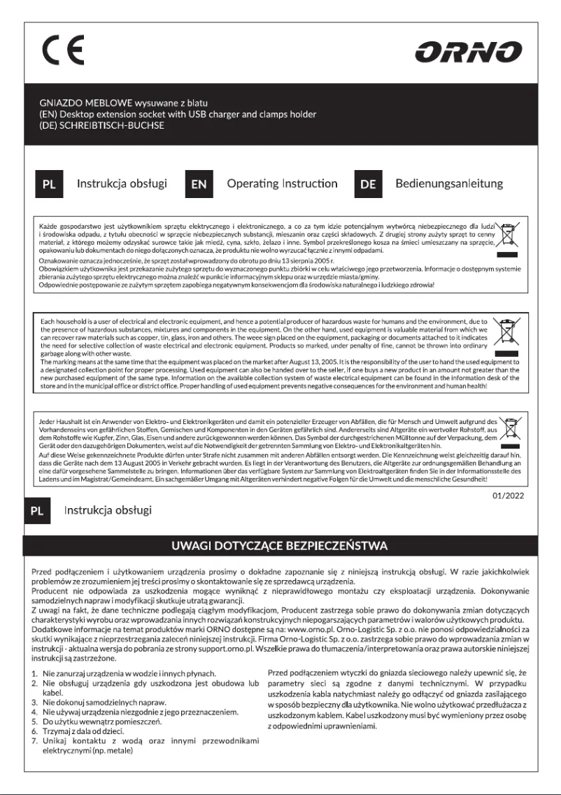 Page n°1 - Manuel utilisateur ORNO OR-AE-1350