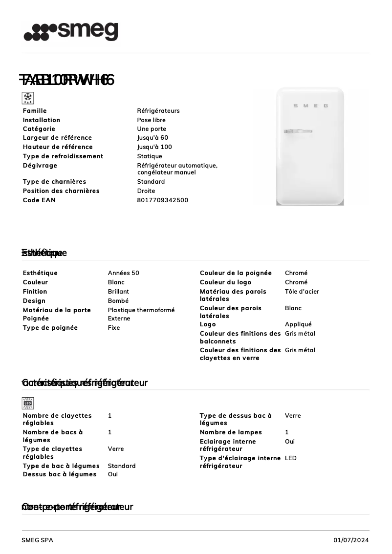 Page 1 de la notice Fiche technique Smeg FAB10RWH6
