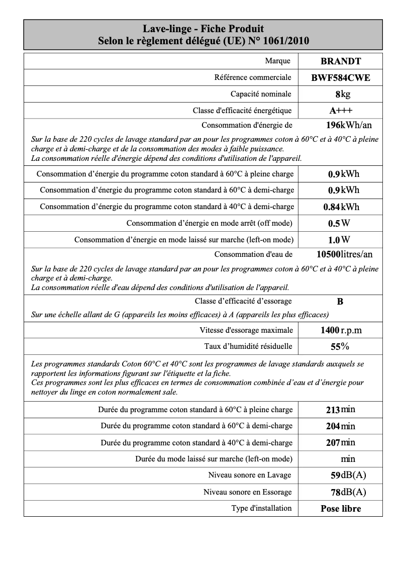 Page 1 de la notice Manuel utilisateur Brandt BWF584CWE