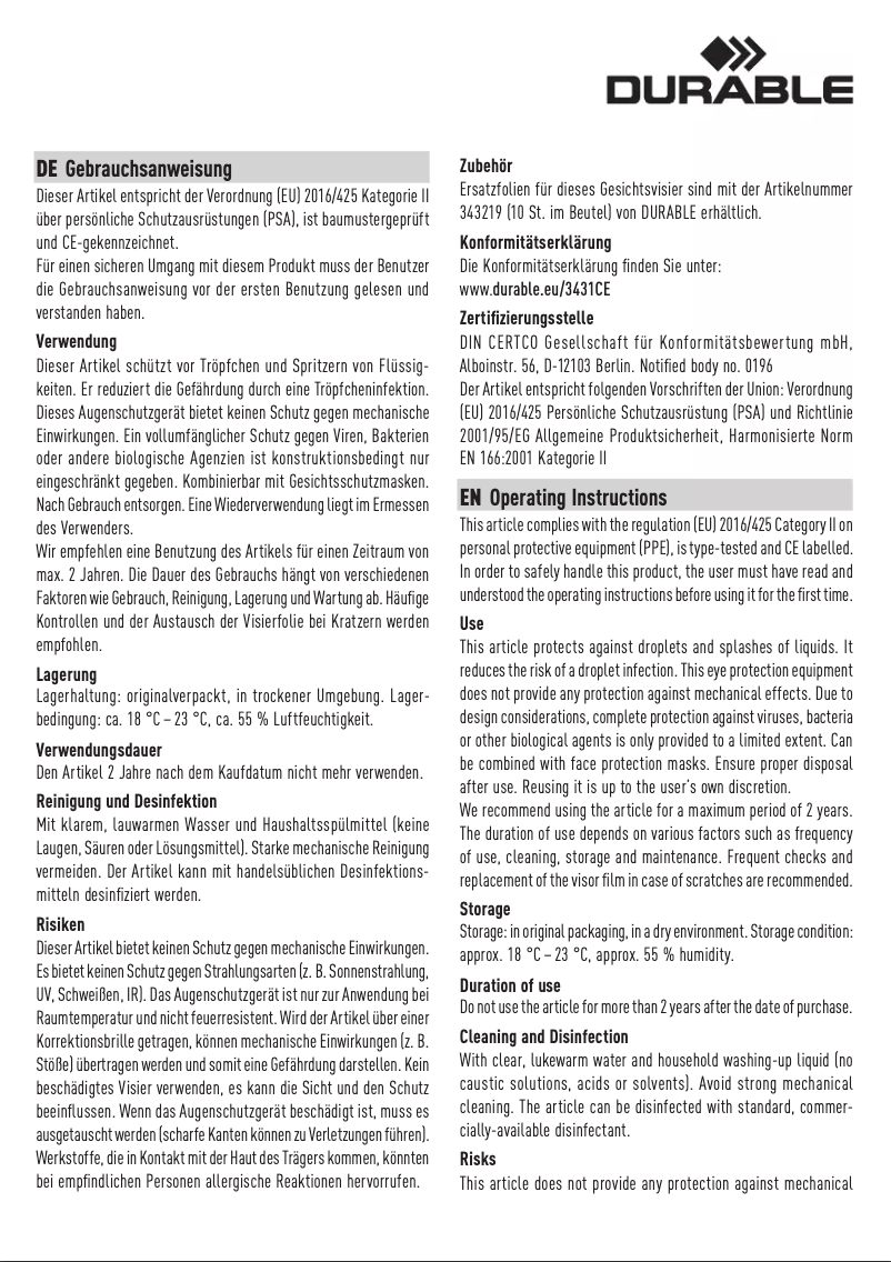 Page 1 de la notice Manuel utilisateur Durable 343110