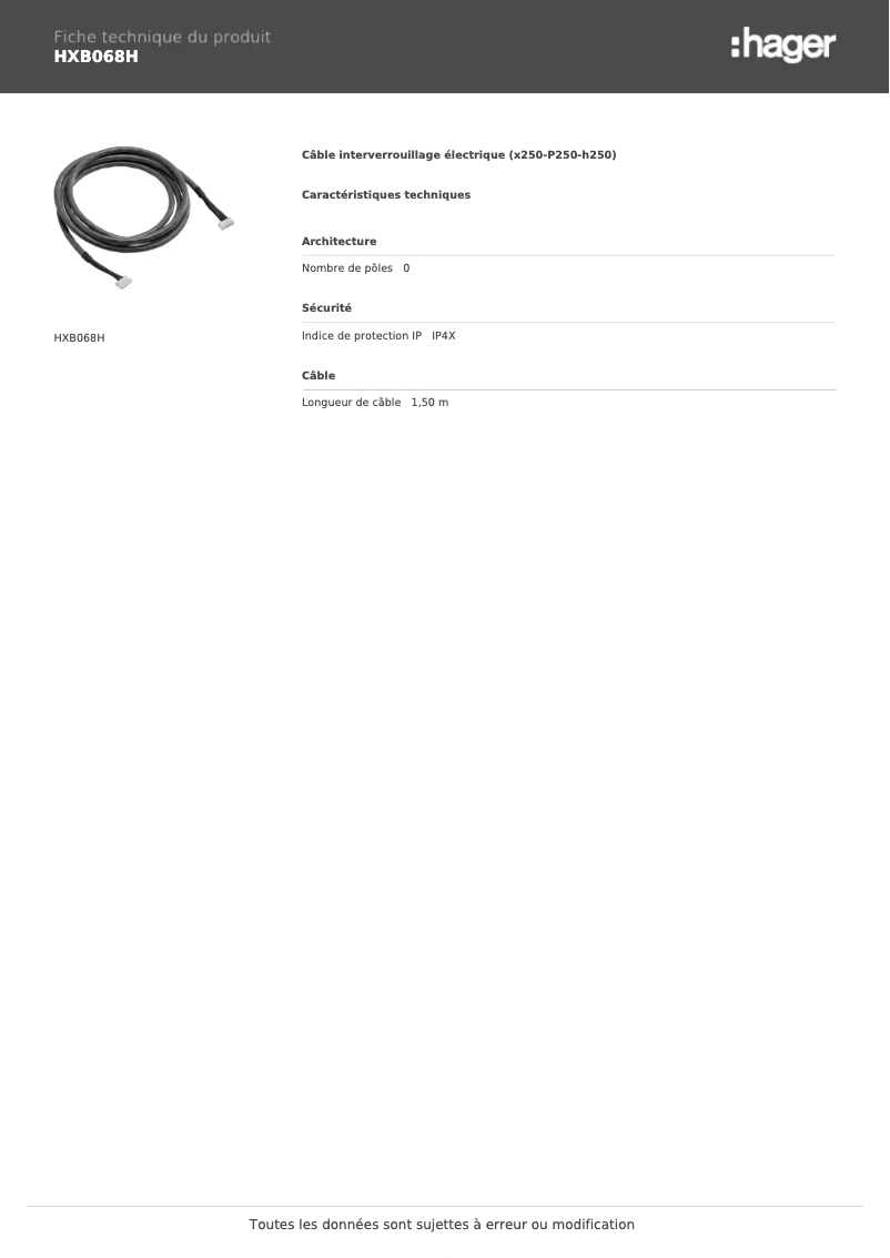 Page 1 de la notice Fiche technique Hager HXB068H