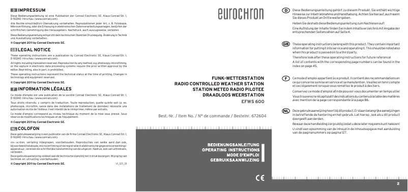 Page 1 de la notice Manuel utilisateur Eurochron EFWS 600