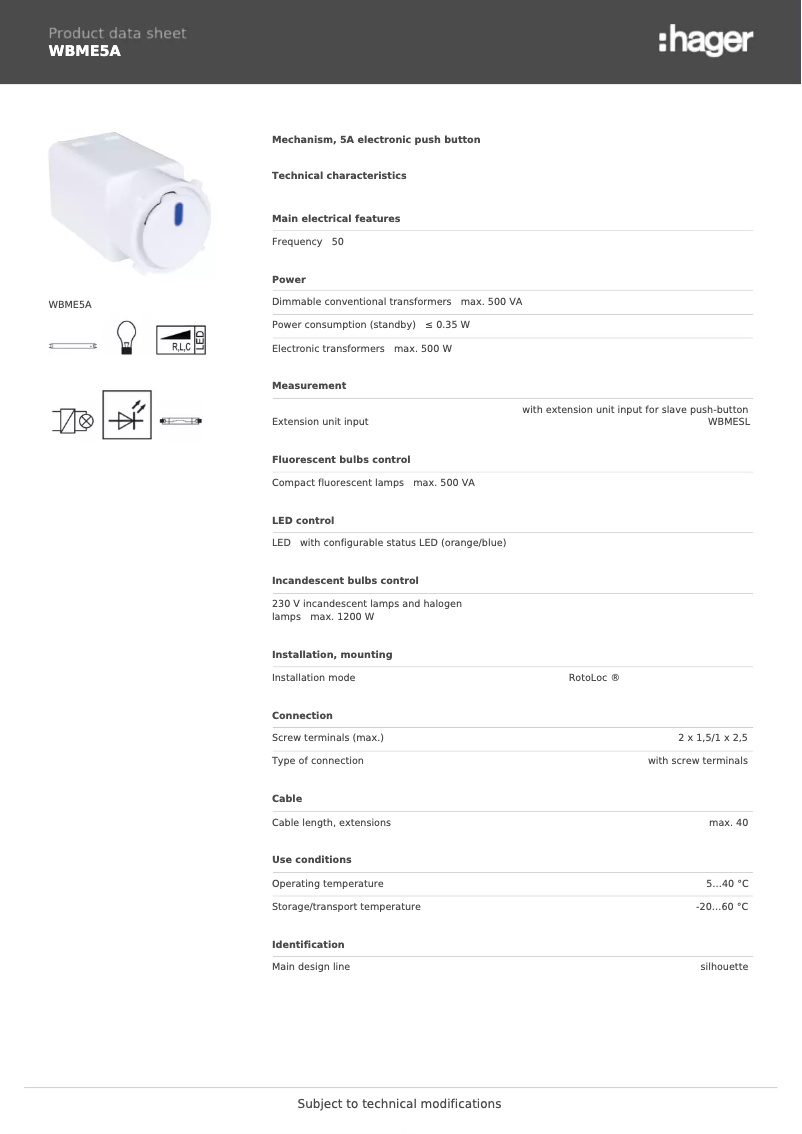 Page 1 de la notice Fiche technique Hager WBME5A