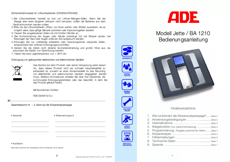 Page 1 de la notice Manuel utilisateur ADE Jette BA 1210