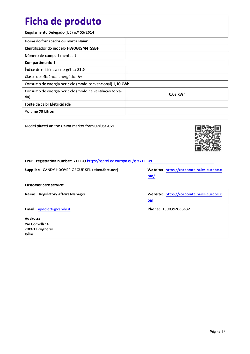 Page 1 de la notice Brochure Haier HWO60SM4TS9BH