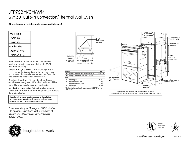 Page 1 de la notice Fiche technique GE JTP75BMBB