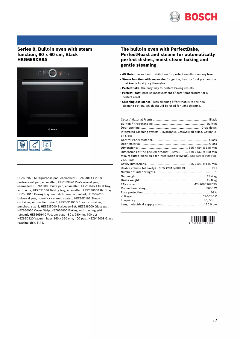 Page 1 de la notice Fiche technique Bosch HSG656XB6A