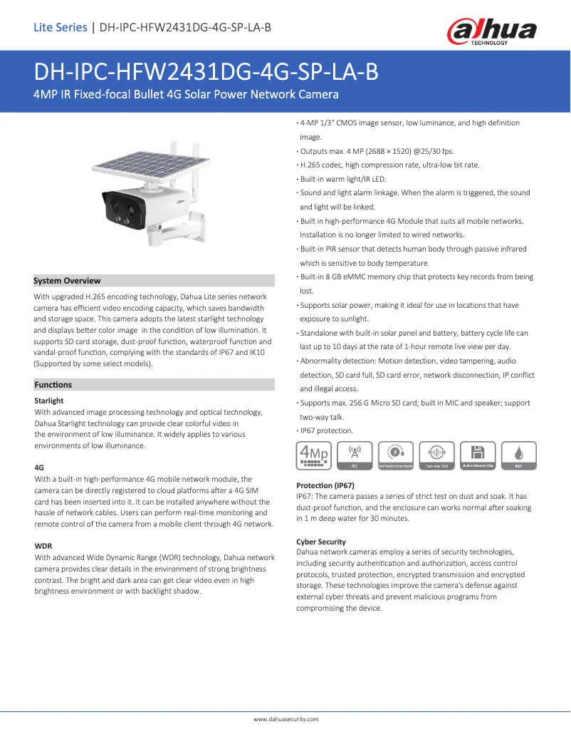 Page 1 de la notice Fiche technique Dahua Technology IPC-HFW2431DG-4G-SP-LA-B