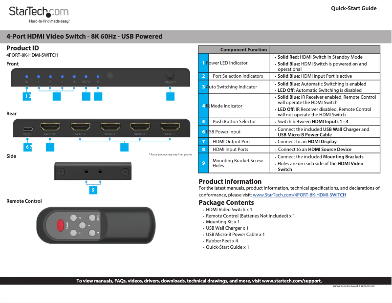 Page 1 de la notice Manuel utilisateur StarTech.com 4PORT-8K-HDMI-SWITCH