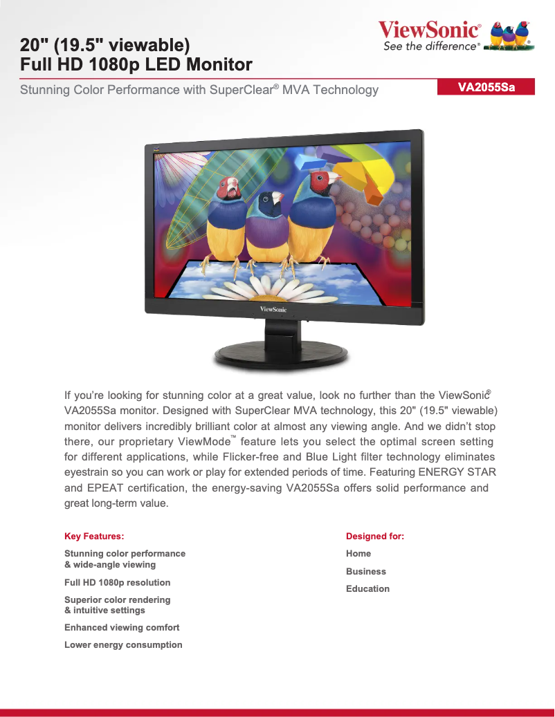 Page 1 de la notice Fiche technique Viewsonic VA2055Sa